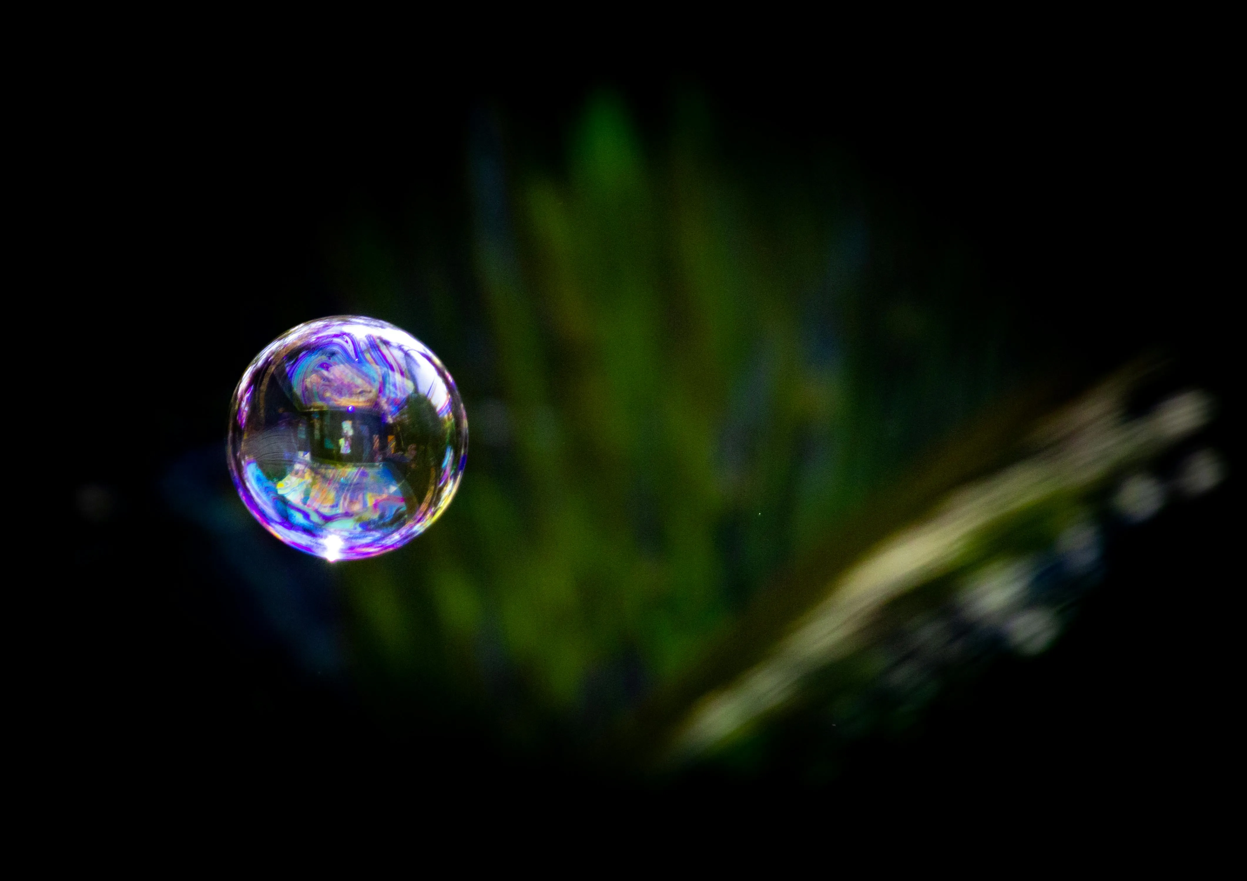A photo of a soap bubble on a green like forest background.