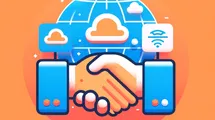An abstract image of a handshake with cloud icons on the background