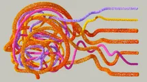 An abstract human head made of thick strings of various colors. The strings spand to the right in strainght lines from within the head like shape.
