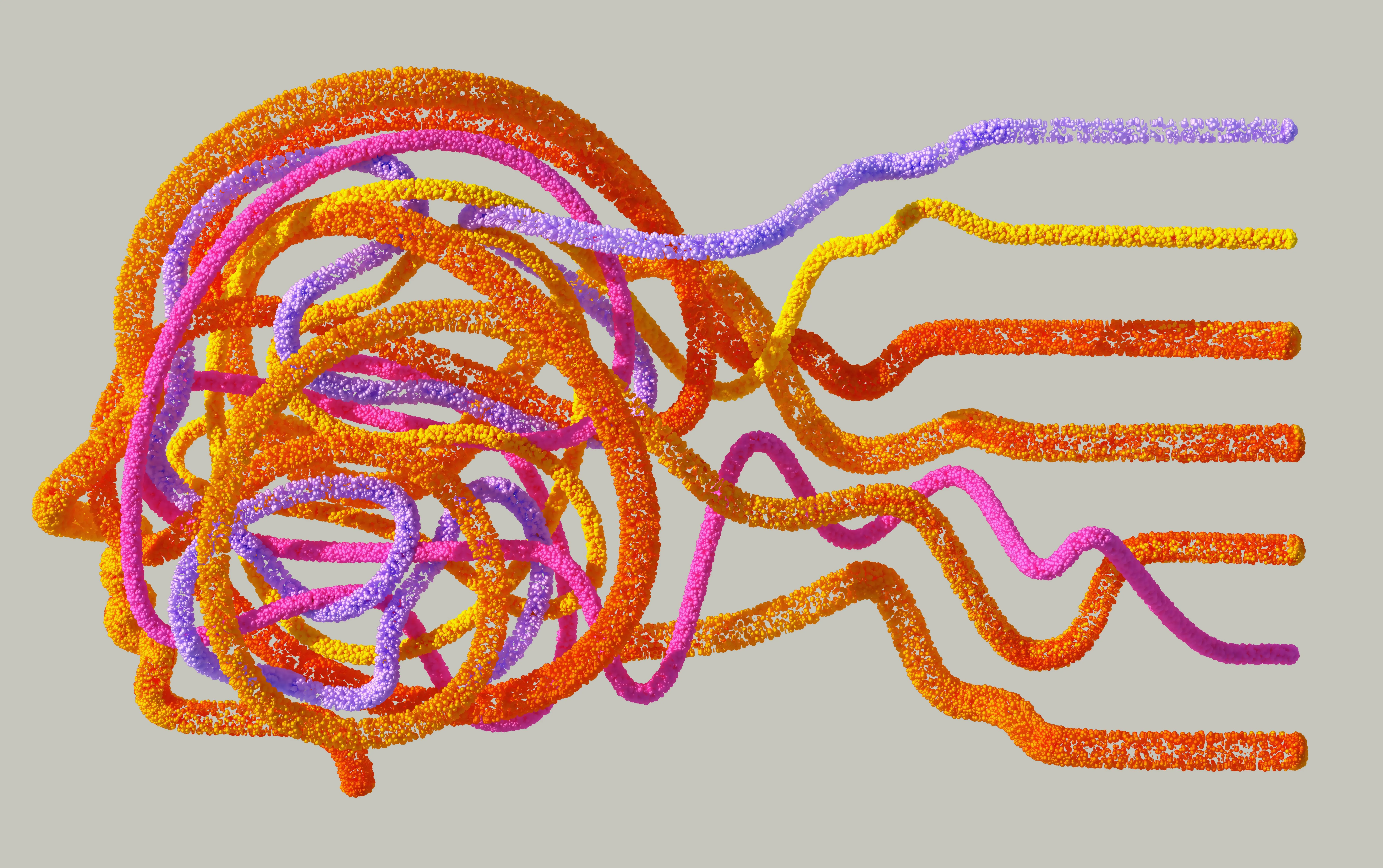 An abstract human head made of thick strings of various colors. The strings spand to the right in strainght lines from within the head like shape.
