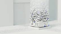 An abstract structure of cubes falling and aggregating from the top into a squared column.