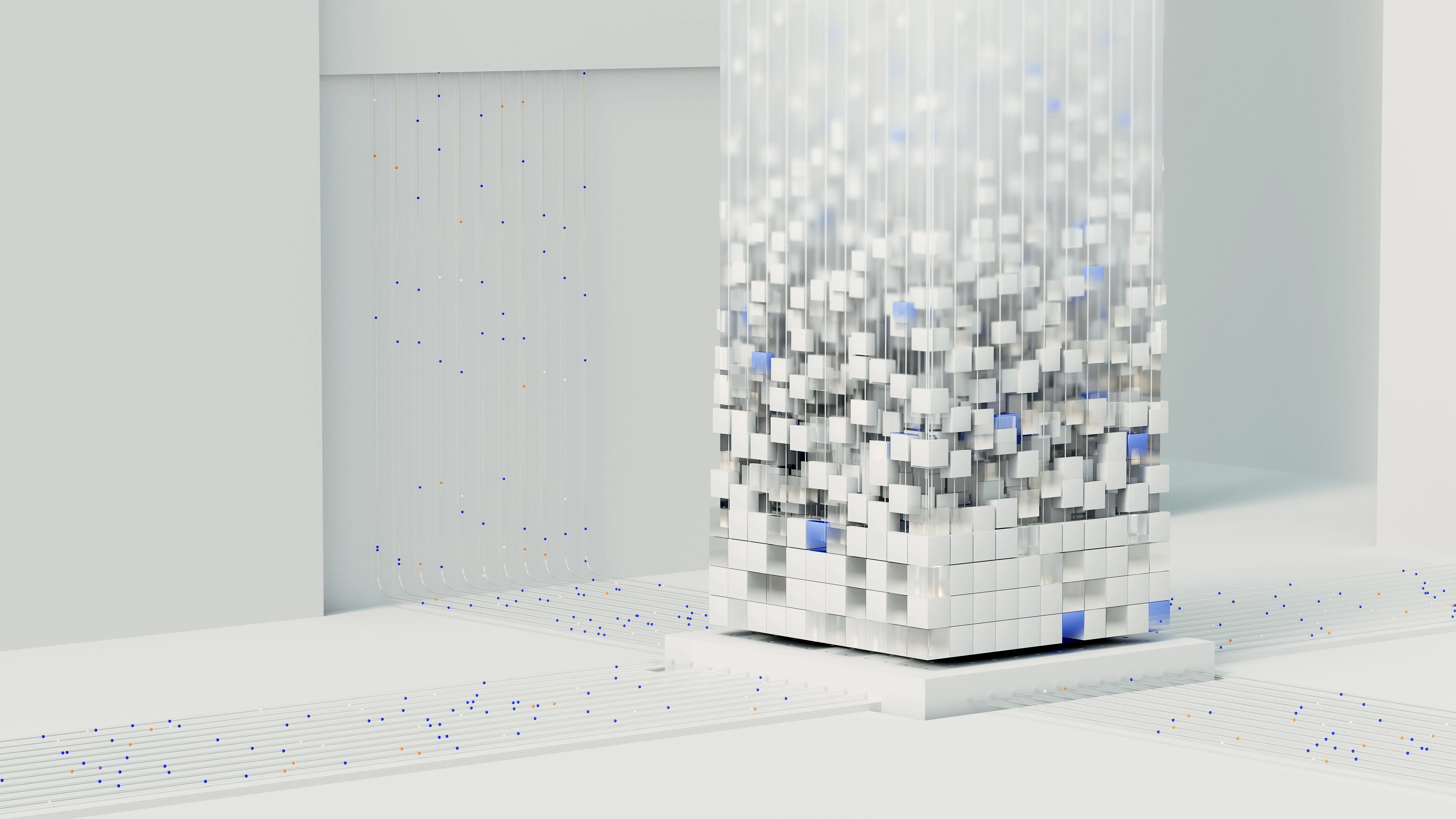 An abstract structure of cubes falling and aggregating from the top into a squared column.
