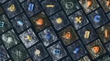 Abastract squared tiles with colored shapes on top of each tile.