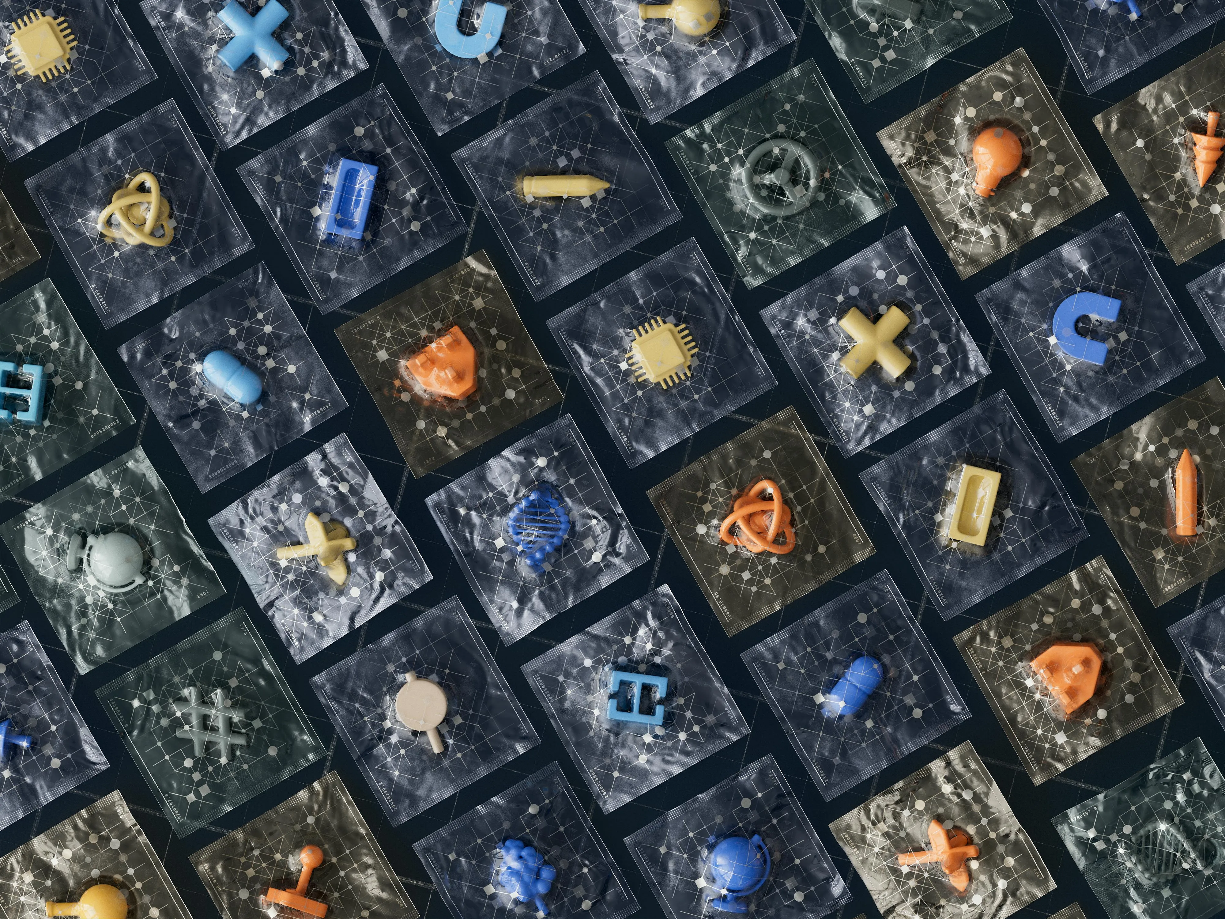Abastract squared tiles with colored shapes on top of each tile.