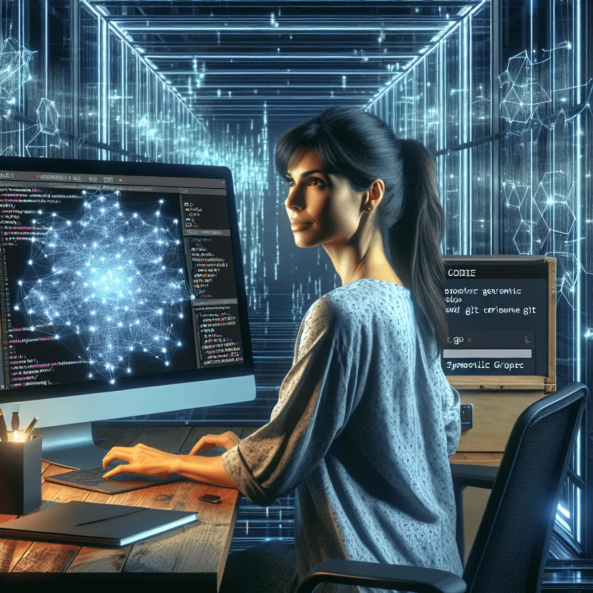 Ai generated. A girl working with a fancy desktop.