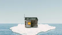 A house on a small island with a sign saying its a hoax