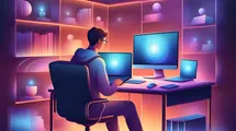 Ai generated. A person sitting in an office setup and working with computers on a desk.