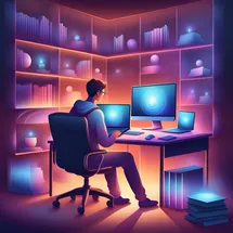 Ai generated. A person sitting in an office setup and working with computers on a desk.